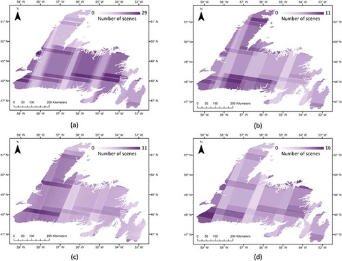 Figure 5. Distribution and number of Landsat scenes in (a) 1985–87, (b) 1995–97, (c) 2005–07, and (d) 2015–17 image composites used in this study