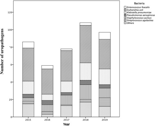 Figure 1 The number of monitored UTI-associated bacterial isolates from two hospitals in the Ha’il region of Saudi Arabia over five years (2015–2019). Others include Proteus mirabilis, Acinetobacter baumannii and Enterobacter cloacae.