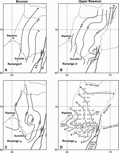 Figure 6  Northwest Greymouth Coalfield. A, B, Rank(Sr) in the Upper Dunollie/Brunner and Upper Rewanui seams horizons from Suggate & Boyd (2010, Figs 8 and 11). C, Thickness (m) between the Brunner and Upper Rewanui seams horizons from Suggate & Boyd (2010, Fig. A10a). D, Vertical rank gradients (Rank(Sr)/km). The grid numbers are in kilometres.