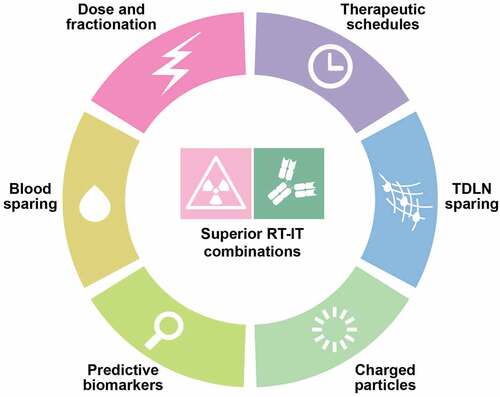 Figure 1. Persisting challenges for radiotherapy and immunotherapy combinations. We surmise that the successful implementation of radiotherapy (RT) and immunotherapy (IT) combinations to a wide spectrum of oncological indications will require an improved understanding of the impact of dose and fractionation on the immunogenicity or RT, the design of treatment fields that spare circulating lymphocytes and tumor-draining lymph nodes (TDLNs), at least initially, the identification of optimal treatment schedules to maximize the interaction between RT and IT (which may depend on tumor type and specific immunotherapeutic agent) and an advanced characterization of the immunobiological effects of charged particles.