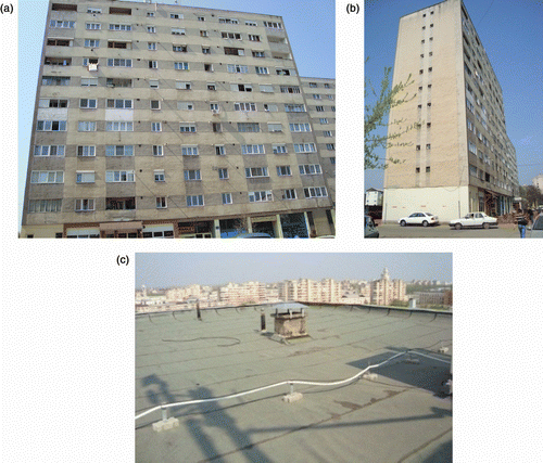 Figure 4 (a) Analysed building (façade). (b) Analysed building (end view). (c) Analysed building (roof detail).