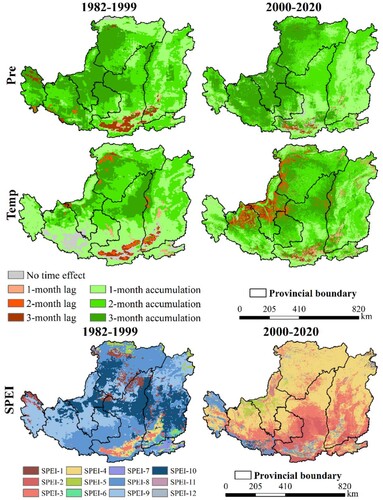 Figure 6. Spatial distributions of the lag and accumulation durations of meteorological elements influencing the NDVI on the Loess Plateau.