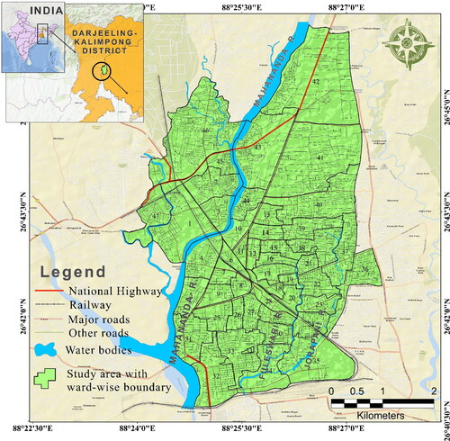 Figure 1. Location map of the study area with ward-wise boundary. The map also shows major roads, National highways, Railways and Major water bodies.