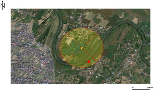 Figure 2. The result of the geographic profiling investigation in Case 1. The yellow dot indicates the centre of gravity of the search area of r = 700 m. The person was found lifeless at the point indicated by the red dot.