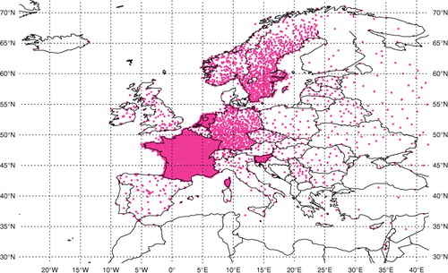 Fig. 1 EURO4M re-analysis domain and the spatial distribution of the 24-h precipitation observation network.