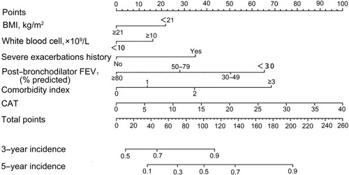 Figure 2 A nomogram to predict the risk of severe exacerbations in stable COPD patients. To use the nomogram, draw a vertical line to identify corresponding points of each variable according to their actual status. Then sum up the points of all variables and find the position on the total points axis. With the same line mentioned above, you can determine the risk of severe exacerbations of 3- and 5-year at the lower line of the nomogram. Comorbidity index is identified through counting the number of comorbid diseases one had among congestive heart failure, GERD, diabetes, and asthma.
