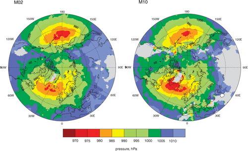 Fig. 10 DJF map of average central pressure of cyclones (hPa) for M02 and M10.