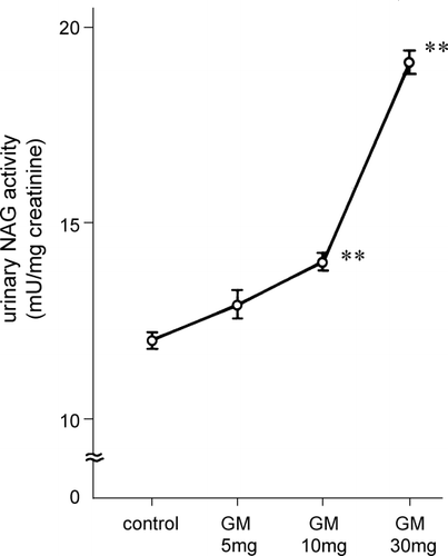 Figure 1. Urinary N‐acetyl‐β‐d‐glucosaminidase activity in rats injected with gentamicin at various doses. NAG: N‐acetyl‐β‐d‐glucosaminidase, GM: gentamicin. ** p < 0.01.