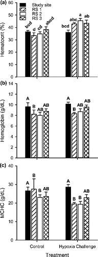 FIGURE 3. (a) Hematocrit, (b) hemoglobin, and (c) MCHC for Largemouth Bass from the study site in the Chicago Area Waterway System (CAWS) and three reference sites (RS; North Shore Channel of the CAWS, Busse Lake, Des Plaines River) subjected to a low DO challenge of 2.0 mg/L for 6 h. Control treatment fish were held for 6 h at 6.5 mg/L. Error bars show ±1 SE. Lowercase letters represent statistical differences between individual bars, while uppercase letters represent significant differences across sites only; bars not sharing the same letter are significantly different from others in that group (α = 0.05). Sample sizes ranged from n = 7 to 11.