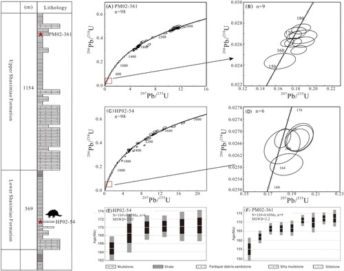 FIGURE 2. Lithological section of the Yunyang dinosaur locality in the Lower Member of the Shaximiao Formation in this study (left). A–D: concordia diagrams of detrital zircon U-Pb ages for the samples analyzed in this study; E–F: histogram of zircons for the samples analyzed in this study.