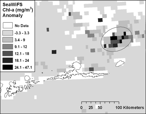 Figure 4 Anomaly map (post-eruption minus pre-eruption) of chlorophyll-a concentrations following the 7–8 August 2008 eruption. Pre-eruption layer was the mean of September 2003–2007. Dark colors indicate areas of anomalously high chlorophyll-a concentration estimated with SeaWiFS imagery. The ellipse designates a contiguous area of anomalously high chlorophyll-a.