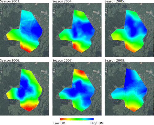 Figure 2  Modelled spatial variation between ‘Hayward’ kiwifruit orchards average fruit DM content at commercial harvest within the Te Puke growing region over consecutive growing seasons (2003–08).