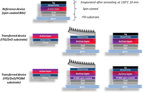 Figure 4. Schematic representations of the three types of devices prepared to compare the performances of devices fabricated by the transfer-printing process (transferred devices) with the traditional process (reference spin-coated device).