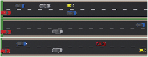 Figure 8. Overhead view of initial positions of the obstacle vehicles in tests 1, 2, and 3 (shown from top to bottom, respectively). The self-driving car painted in red, is always at the bottom left.