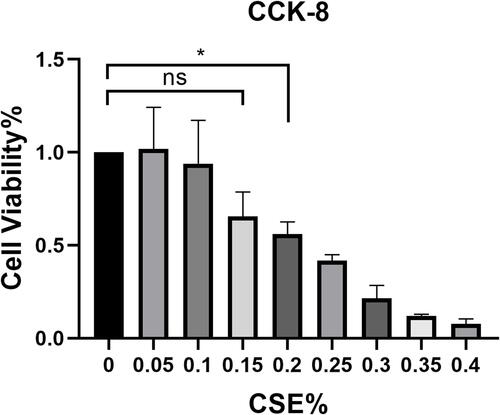 Figure 6 CCK-8 detected the effect of CSE on BEAS-2B cytotoxicity, and 0.15%CSE had no significant effect on cell viability. *, p<0.05.