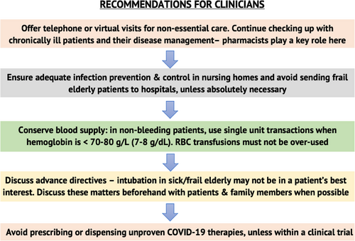 Fig. 2 Recommendations for clinicians to help limit to spread of COVID-19. Following these steps will enable efficient use of healthcare resources [Citation2]. Source: “Choosing Wisely COVID-19 Recommendations”