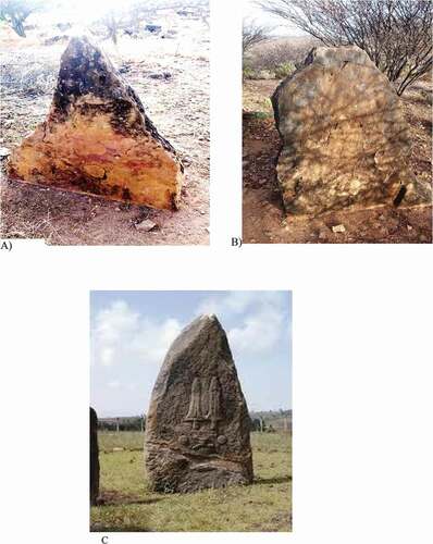 Figure 6. The photograph in “A” and “B” displaying images and represents the Derbi Belanbel Steles and “C” represents Tiya Stele displaying the engraved sword. The geometric similarity is interesting. During observation/ field research: 30/07/2018, (photo by author)