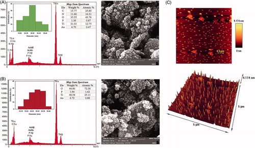 Figure 2. The FE-SEM micrograph, EDS, PSD plot and map sup spectrum of (A) FTN and (B) HTN. The micrographs show spherical morphologies of nanoparticles and the average particle size was less than 30 nm for both samples. The EDS analysis shows Ti and oxygen elements for both samples. While the C and N peaks observed for FTN corresponded to FMN/or bacterial enzymes. The Au peak corresponds to the gold coating of the samples for imaging. The scale bar is 200 nm. (C) The 2D and 3D AFM images of FTN.