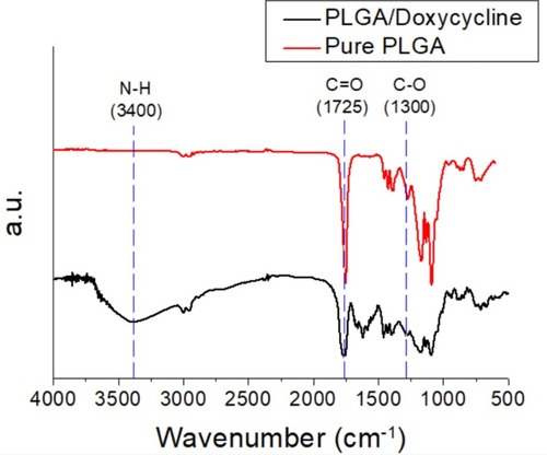 Figure 4 FTIR spectra of pure PLGA and drug-loaded PLGA nanofibers.