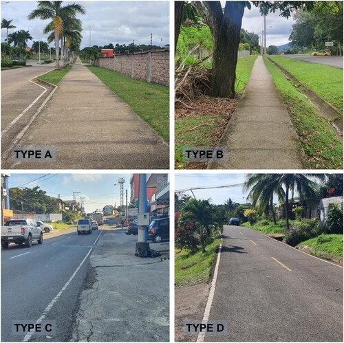 Figure 6. Sidewalk condition in the province of West Panama. The first quadrant shows sidewalk type A, the second quadrant shows type B, the third quadrant shows type C, and the fourth quadrant shows type D.
