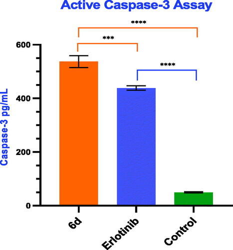 Figure 8. Caspase-3 activity in breast HS 578T cells: Effect of compound 6d compared to erlotinib. Statistical significance was analysed by one-way ANOVA (***p < 0.001, ****p < 0.0001).