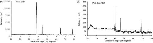 Figure 2. XRD spectra of the biosynthesized gold (A) and palladium (B) nanoparticles. XRD patterns confirm the existence of gold and palladium nano-elements.
