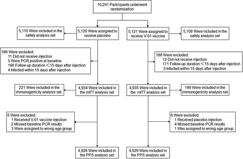 Figure 1. Summary of participants. The primary efficacy analysis was performed based on the modified intent-to-treat (mITT) set. A total of 10,241 eligible participants were randomly assigned to receive V-01 vaccine or placebo. After a 2-month follow-up, 4,935 participants in the V-01 vaccine group and 4,934 in the placebo group were included in the MITT. Of these, 199 and 221 participants in V-01 vaccine and placebo group, respectively, formed the immunogenicity analysis set, blood samples were obtained at baseline and at days 14 and 28 to assess the anti-SARS-CoV-2 neutralizing antibody titres.