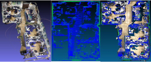 Figure 1. RGB-D 3D feature data base (left); Velodyne LiDAR of the same environment; alignment of LiDAR and RGB-D feature database.