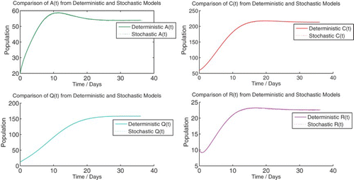 Figure 5. Comparison of the solution to the deterministic model (1) and the numerical means of each discrete random variable from the stochastic model at R0=2.6889.