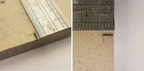 Figure 4. Photographs of edge defect from two views. (b) is orientated to aid with comparison with the 2D plots.