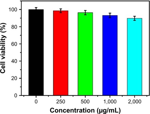 Figure 6 Cell viabilities of the HCT-116 cells after incubation with different concentrations of PMOs@WQDs as measured by MTT assay.