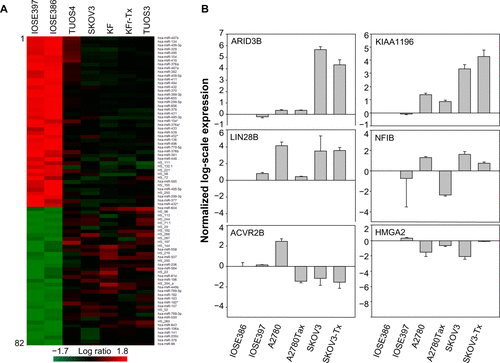 Figure S2 Differential miRNA expression signatures between five ovarian cancer cells and two normal ovarian cells.