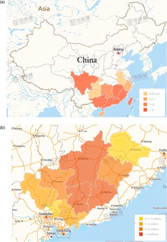 Figure 3. The distribution of Hakka population in Modern China. (a) The main inhabitant region of Hakka in southern China. (b) The distribution of Hakka in Shaokwan and its neighboring cities.