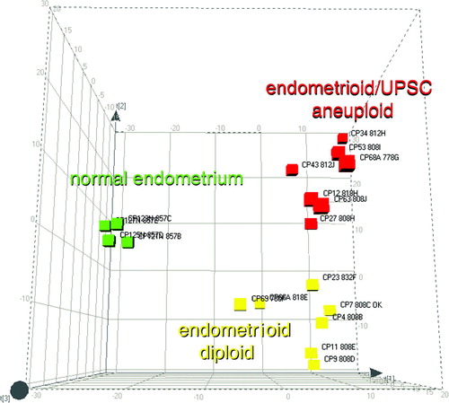 Figure 3.  PCA plot of the protein expression data of the 52 spots able to group all match-set members. The normal cohort (green), diploid endometrioid cancer (yellow) and aneuploid endometrioid/UPSC cancer (red).