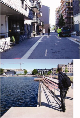 Figure 1. Infill development and public space renewal Kristiansand Norway.Image description: Images are of infill development in Norway using universal design principles in progress. Image A shows ease of access entry to new residential building and flat footpath same level. Image B is of a ramp with hand rails leading into a public lake for swimming as part of foreshore public space redevelopment approached from universal design principles. Image Sources: Stafford (Author), 2012.