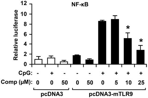 Figure 6. Effects of comp on NF-κB reporter activity in HECK293T cells. HEK293T cells were transfected with empty vector (pcDNA) or a TLR9-expressing plasmid (pcDNA3-mTLR9) and then treated with comp for 1 h before stimulation with CpG DNA (1 μM). Cell lysates were prepared, luciferase activity was assayed by the dual luciferase reporter assay and the results were expressed as relative luciferase. Data are representative of three independent experiments. Comp, 3-hydroxy-4,7-megastigmadien-9-one. *p < 0.05 vs. comp-untreated cells in the presence of CpG DNA.