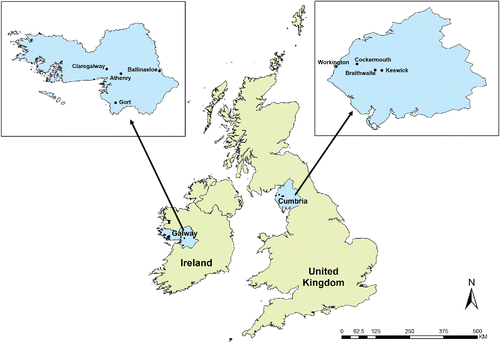 Figure 1. Survey locations in Galway, Ireland, and Cumbria, United Kingdom, August and September 2010. (Color figure available online.)