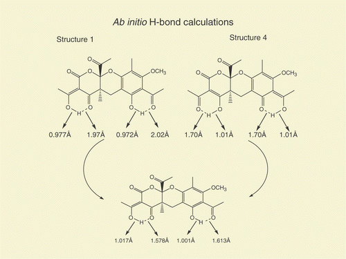 Figure 2. Ab Initio energy calculations and energy minimization of tautomers 1 and 4.