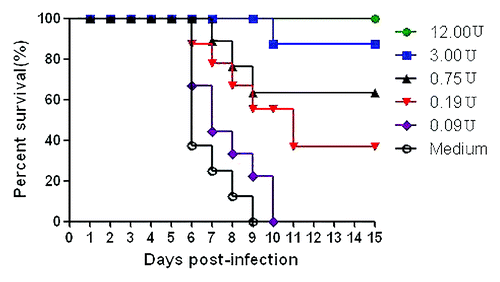 Figure 9. Passive immunizing protection studies in mouse. Results are shown as Kaplan–Meier survival curves. The mice (n = 8) were i.m. injected with the CA16 vaccines and then challenged with 1 × 102 LD50 of CA16 strain 1131. Control mouse were immunized with adjuvant only.