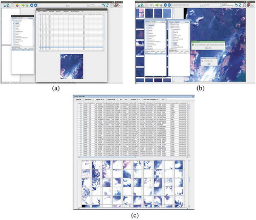 Figure 12. (a) Query interface of Data Mining. (Left:) Select the query parameters, e.g., “metadata_id”, “mission”, and “sensor” and enter the desired query values in the query-expression table below. (Right:) Display the products that match with the query criteria (“mission” = S2) including their metadata and image files. (b) Query interface of Data Mining. (Left:) Select the metadata parameters (e.g., “mission = S2A” and “metadata_id = 39”) and (Right) semantics parameters (e.g., “name = Smoke”). Depending on the EO user needs, it is possible to use only one or to combine these two queries. The combined query is returning the number of results from the database (in this case 543). (c) Query interface of Data Mining. This figure presents a list of images matching the query criteria (from Figure 12b). The upper part of the figure shows a table composed of several metadata columns corresponding to the patch information while the lower part of the figure presents a list of the quick-looks of patches that corresponds to the query