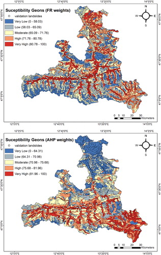 Figure 5. Landslide susceptibility maps derived using the object-based approach of geon using weights from FR and AHP.