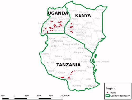 Figure 1. Map of EADD Sites in Kenya, Tanzania, and Uganda (adapted from EADD, Citation2015).
