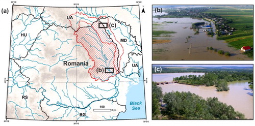 Figure 1. (a) Geographical location of Prut and Siret basin (red line) on the Romanian territory (crosshatch red polygon). Aerial images from (b) Siret in 2005 and (c) Prut in 2008 historical flood events.