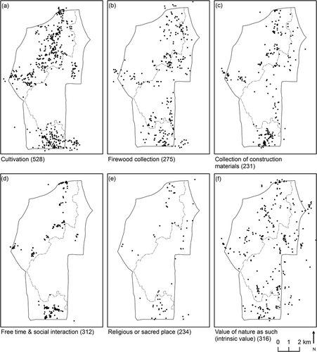 Figure 7. Spatial distribution of selected material and non-material landscape services mapped by 218 farmers during the participatory GIS campaign. Figures in parentheses indicate the absolute amount of mapped points. The boundary of the Jozani–Chwaka Bay National Park, covering the eastern part of the study area, is visualised on all maps.