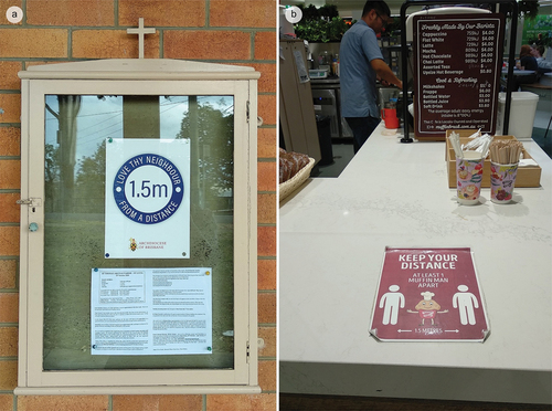 Figure 3. Humour used to normalise physical distancing instructions. (a) Notice placed on a church wall. (b) Sticker placed on a café counter.