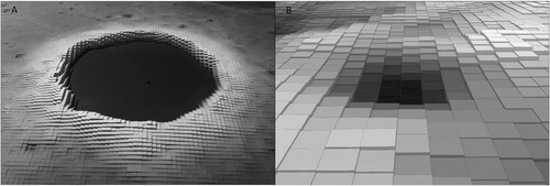 Figure 3. A) An example of an impact crater in the lunar DEM. Each pixel in the DEM is 118 × 118 m. B) A hunting pit in a DEM created from the national lidar point cloud from Sweden. Each pixel is 0.5 × 0.5 m.