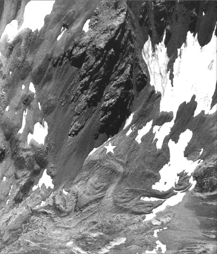 FIGURE 2. Aerial view of Foscagno Valley and rock glacier. The white star indicates the location of the borehole
