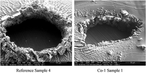 Figure 8. Tilted view of reference sample and Co-1. Scans through the thickness of the film are used to determine the volume of the pinhole.