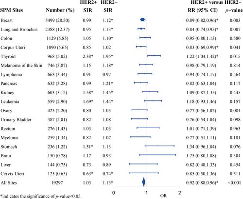 Figure 2 Site-specific Standardized incidence ratios (SIRs) and relative risks of developing second primary malignancies (SPM) after HER2+/HER2- BCs.