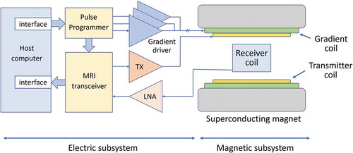 Figure 5. A block diagram of the whole-body MRI system. The system can be divided into two subsystems; magnetic and electric subsystems